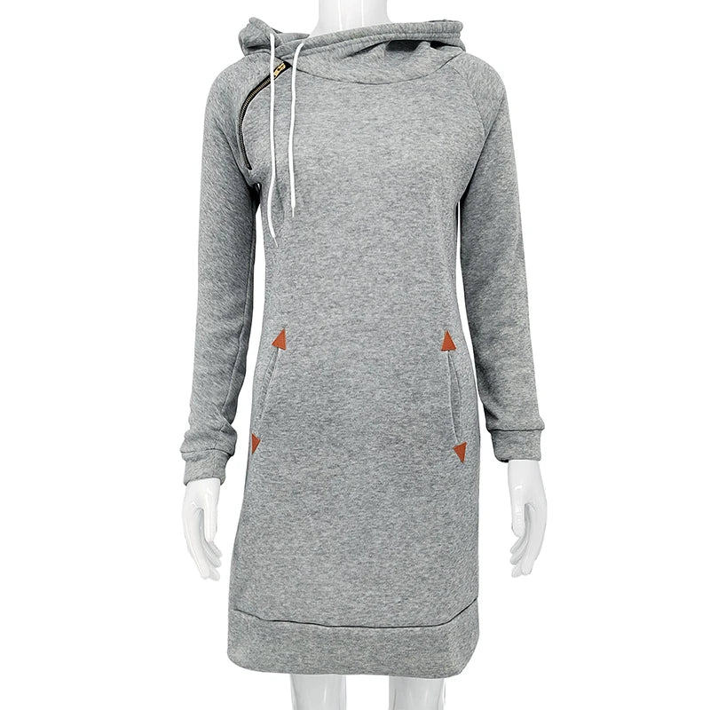 Women‘s Hooded Knee-Length Pockets Dress  Warm Sweat Shirt Long Sleeve Side Zip Neckline Sports Skirt