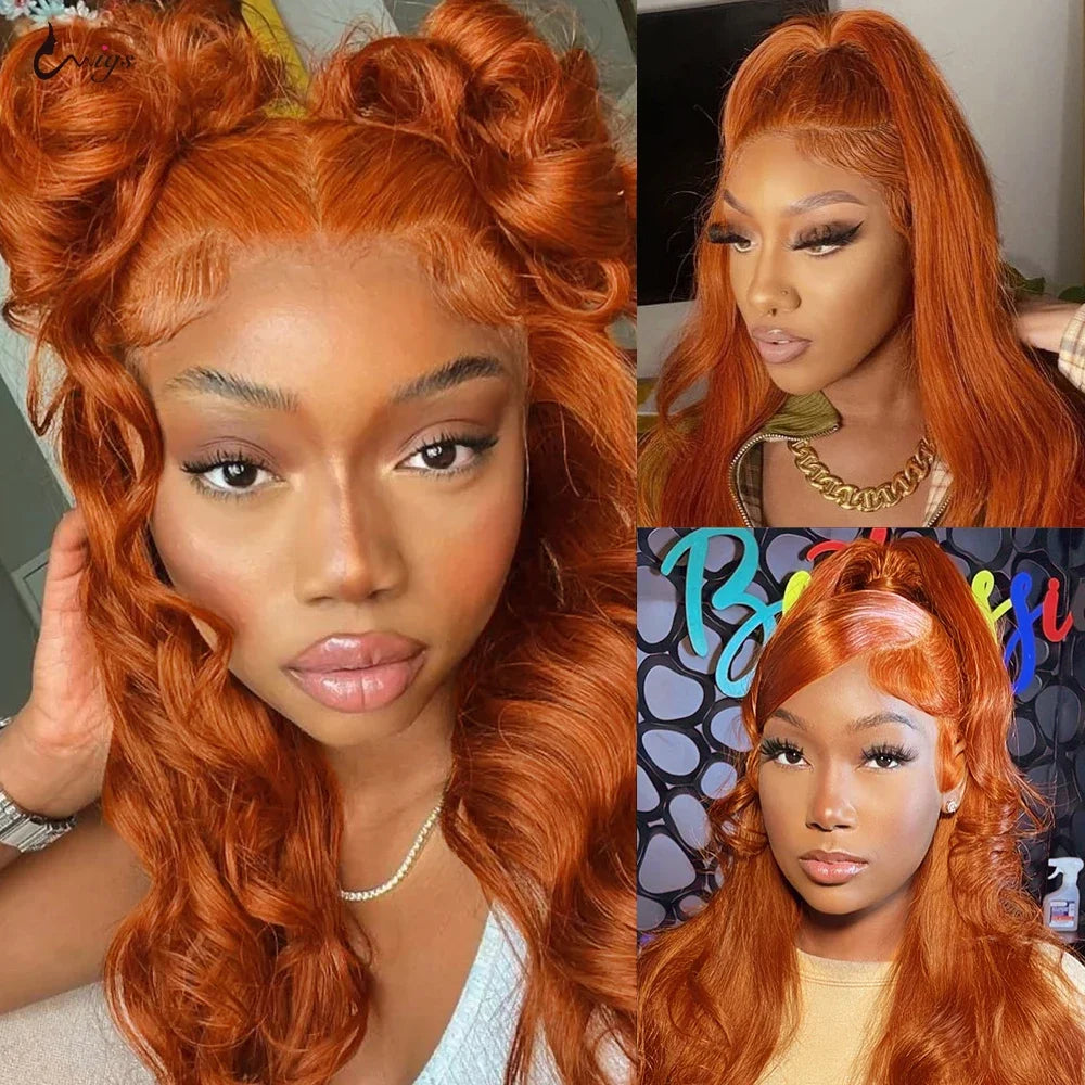 250% Density Body Wave HD Lace Wig in Orange Ginger 13x6 Pre-Plucked Glueless Lace Front Human Hair Wig 30-34 Inch