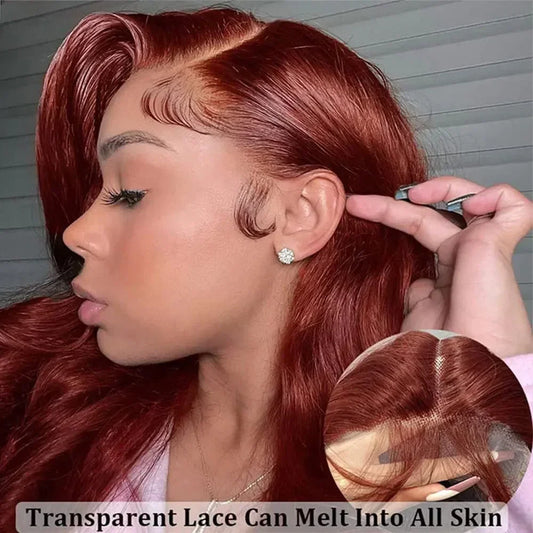 30 Inch #33 Reddish Brown Body Wave Lace Front Wig 220% Density, 13x4 HD Transparent Lace Indian Remy Human Hair