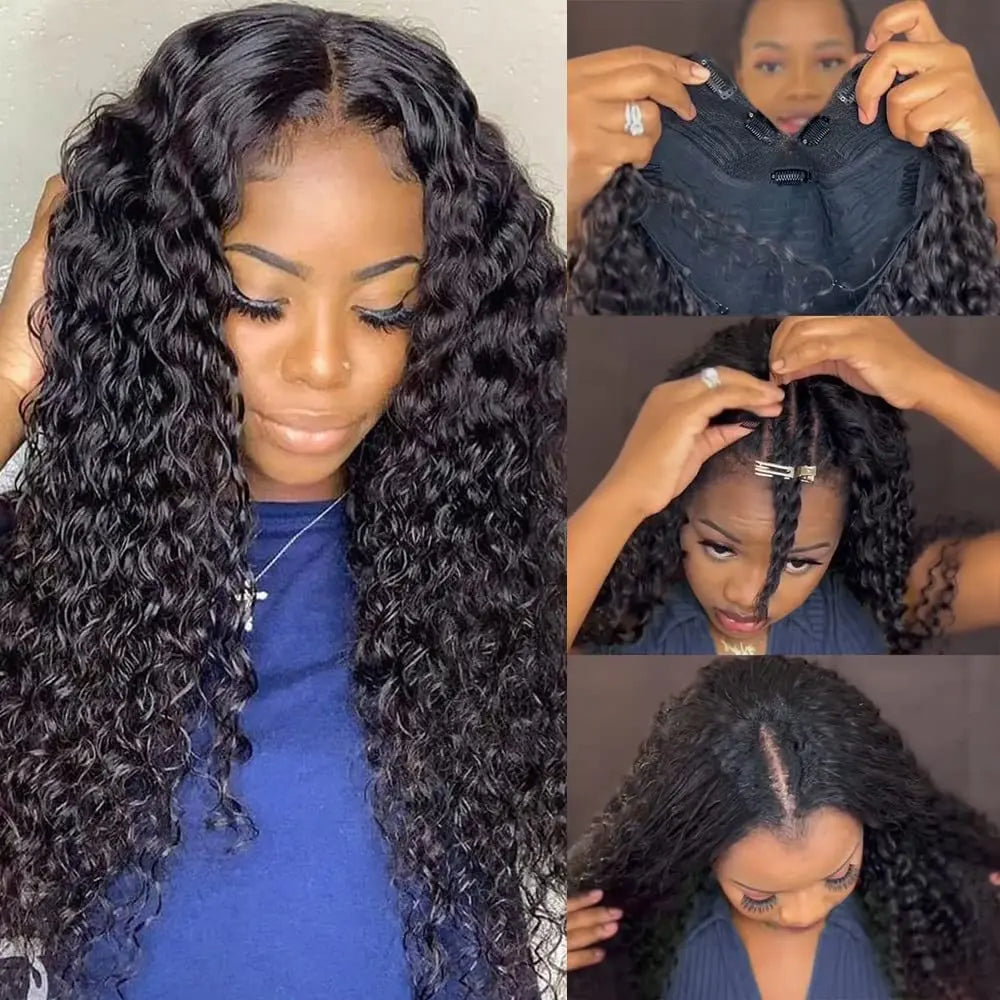 30-32 Inch Deep Wave V/U Part Human Hair Wig No Glue, No Leave Out, Thin Part Peruvian Curly Wig