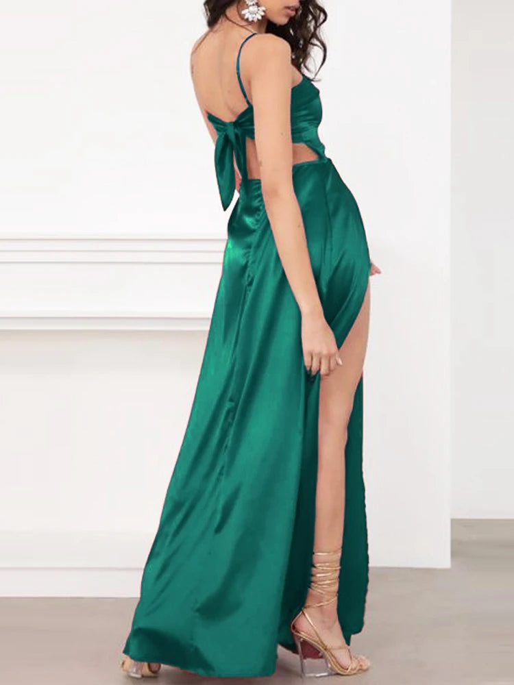 Sexy Long Satin Strapless Maxi Dress Backless Bow Straps Lace-Up Party Gown for Birthday & Graduation in Red & Green