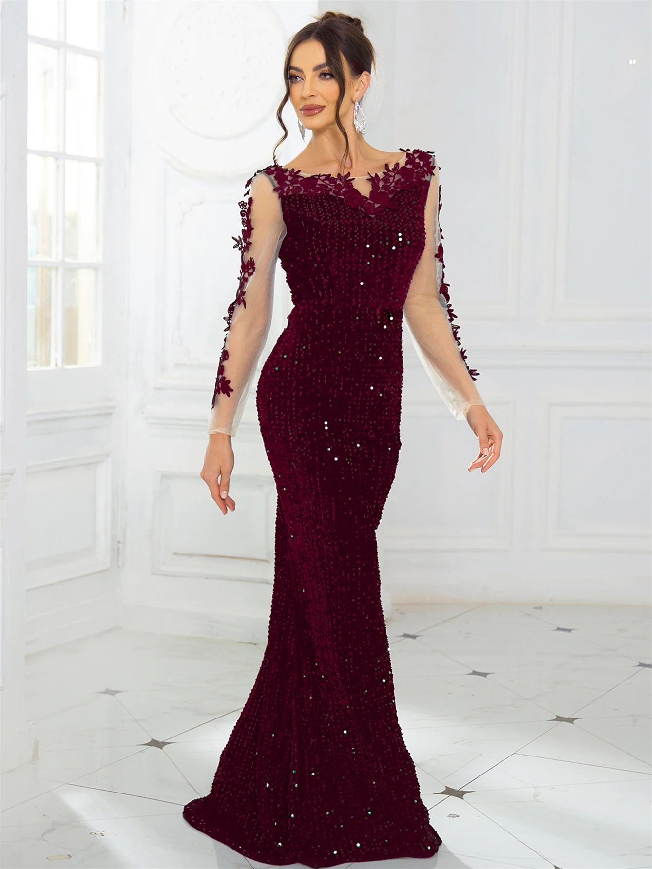 Women's Hollow Out Long Sleeve Lace Patchwork Sequined Velvet Evening Maxi Dress Floor-Length Prom Gown