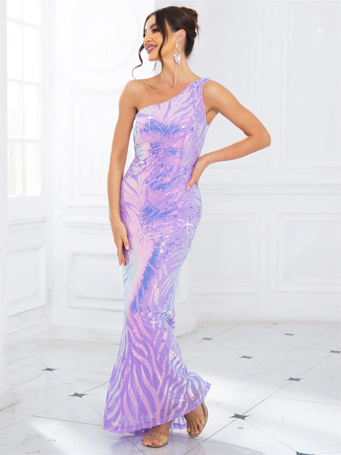 Lavender Pink One Shoulder Sequin Maxi Dress Sleeveless Floor-Length Evening Party Prom Gown