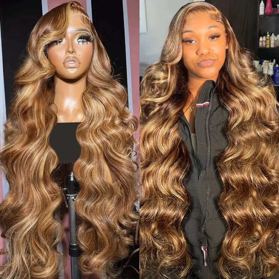 34-36 Inch Ombre Body Wave Lace Front Wig 13x4 & 13x6 200% Density Highlighted Brown Human Hair Wig