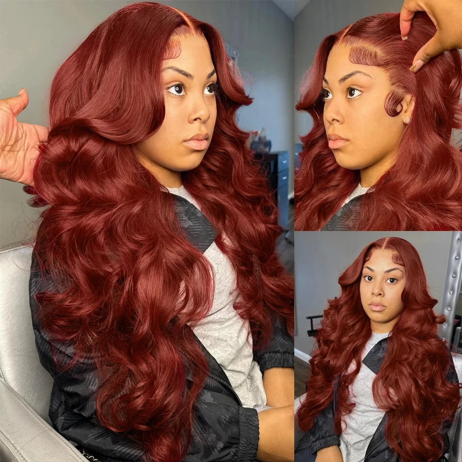 30 Inch #33 Reddish Brown Body Wave Lace Front Wig 220% Density, 13x4 HD Transparent Lace Indian Remy Human Hair