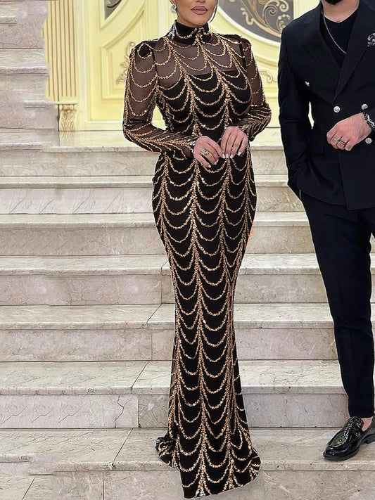 Long Sleeve High O Neck Stretch Sequin Formal Gown Padded Shoulder Full Length Evening Party Dress