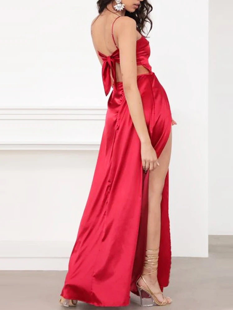 Sexy Long Satin Strapless Maxi Dress Backless Bow Straps Lace-Up Party Gown for Birthday & Graduation in Red & Green