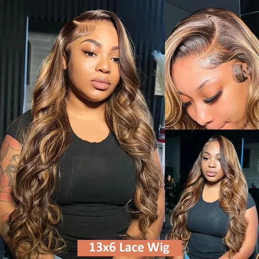 34-36 Inch Ombre Body Wave Lace Front Wig 13x4 & 13x6 200% Density Highlighted Brown Human Hair Wig