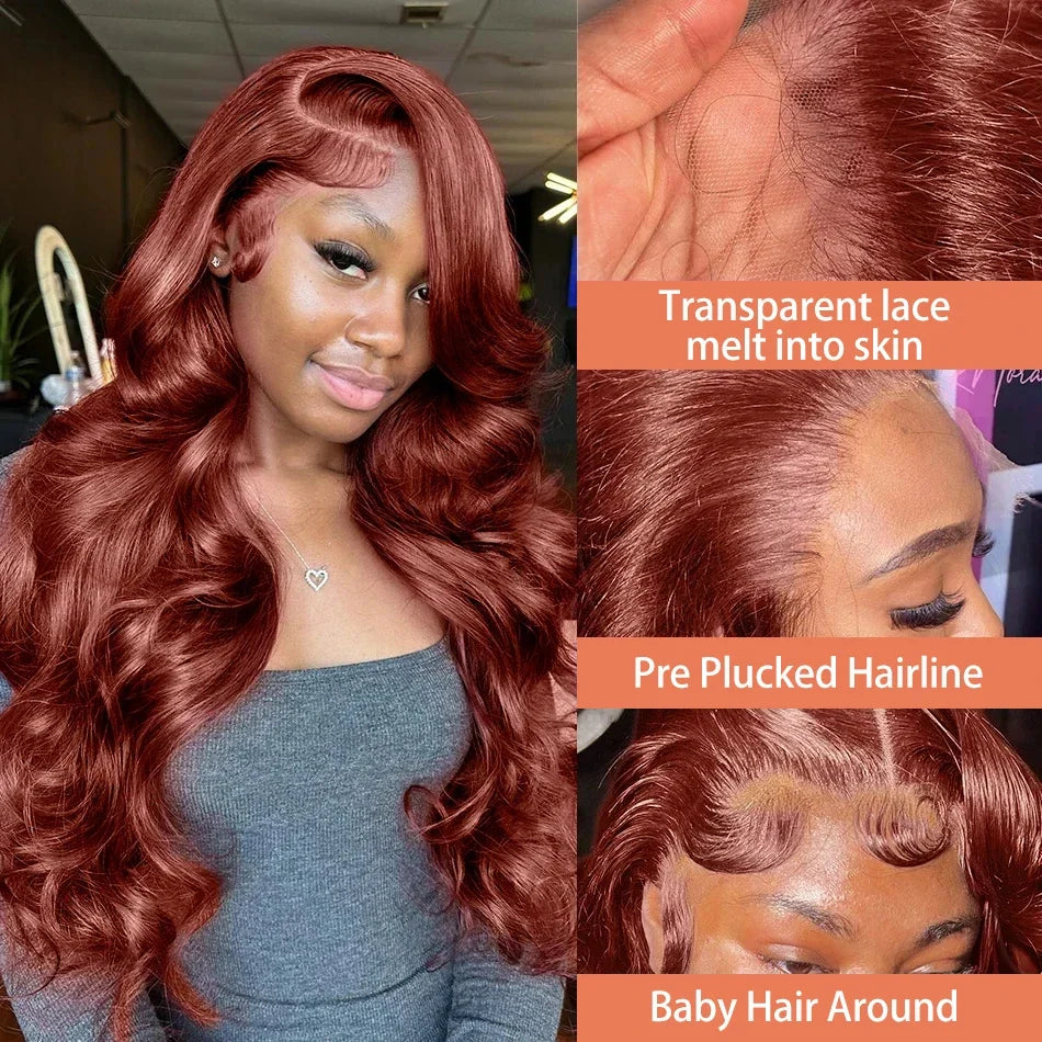 30 Inch #33 Reddish Brown Body Wave Lace Front Wig 220% Density, 13x4 HD Transparent Lace Indian Remy Human Hair