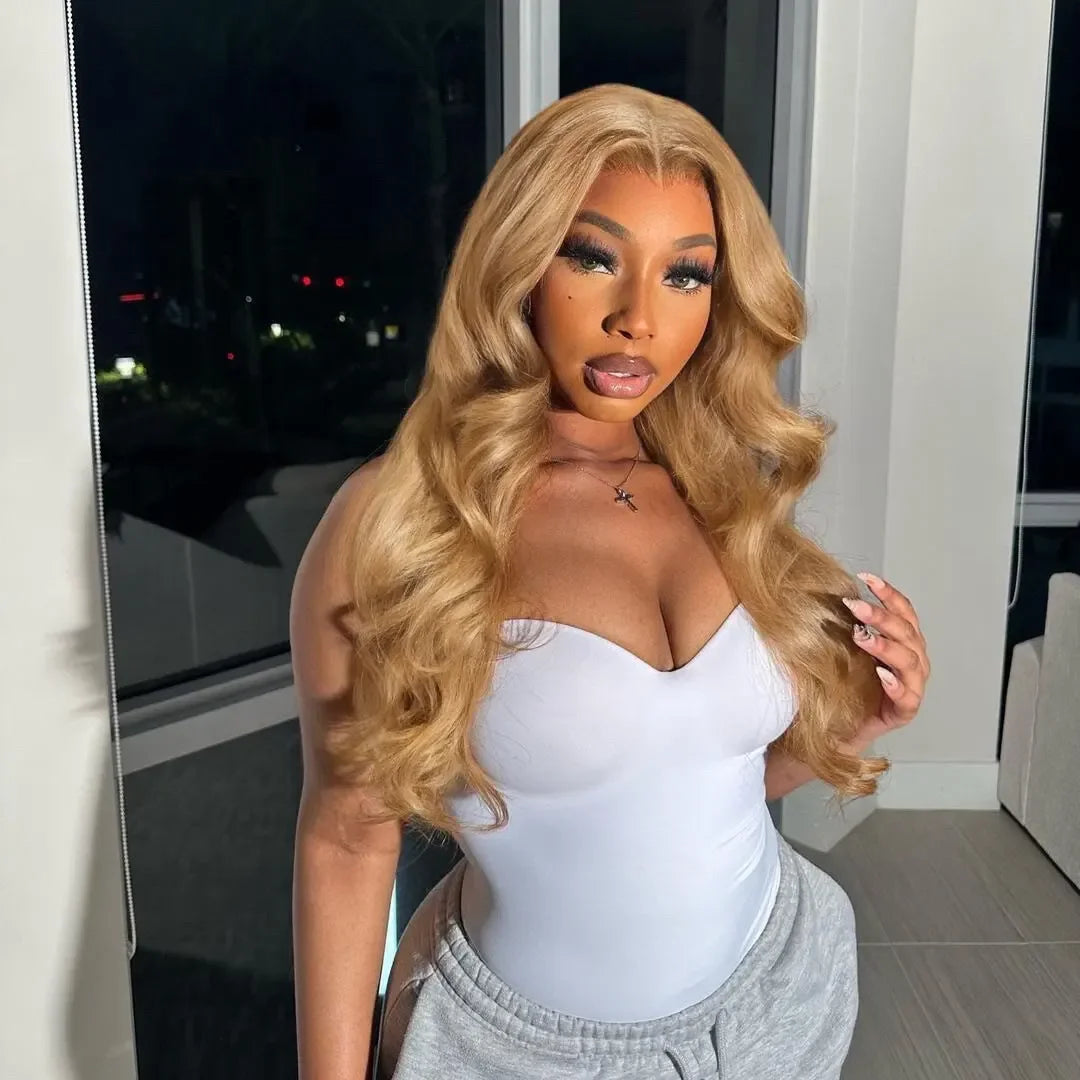 30-34 Inch #27 Honey Blonde Body Wave Lace Front Wig 100% Virgin Human Hair 13x6 HD Transparent Lace 220% Density