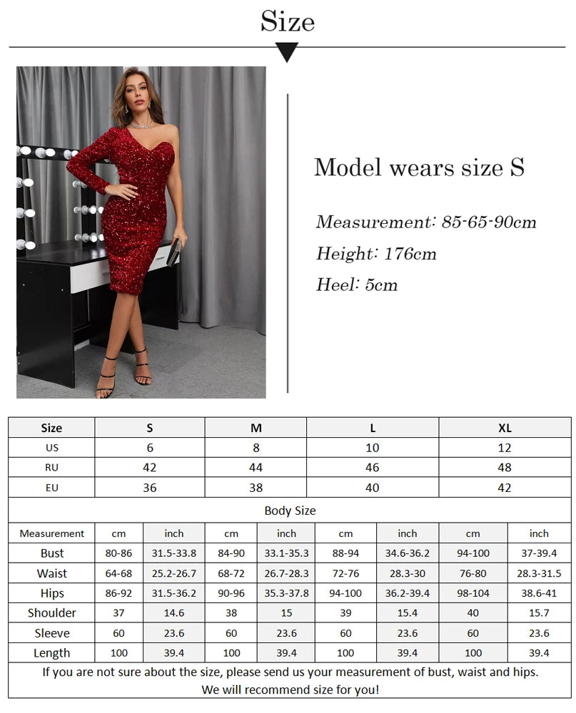 Women's One-Shoulder Sequined Velvet Bodycon Midi Dress Long Sleeve Knee-Length Evening Party Dress