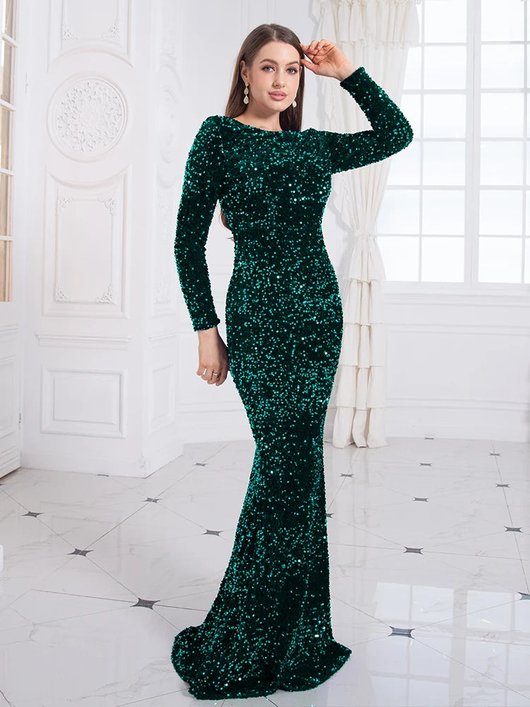 Full Sleeve Stretch Sequin Bodycon Mermaid Evening Dress Floor Length Party Gown Black Green Royal Blue