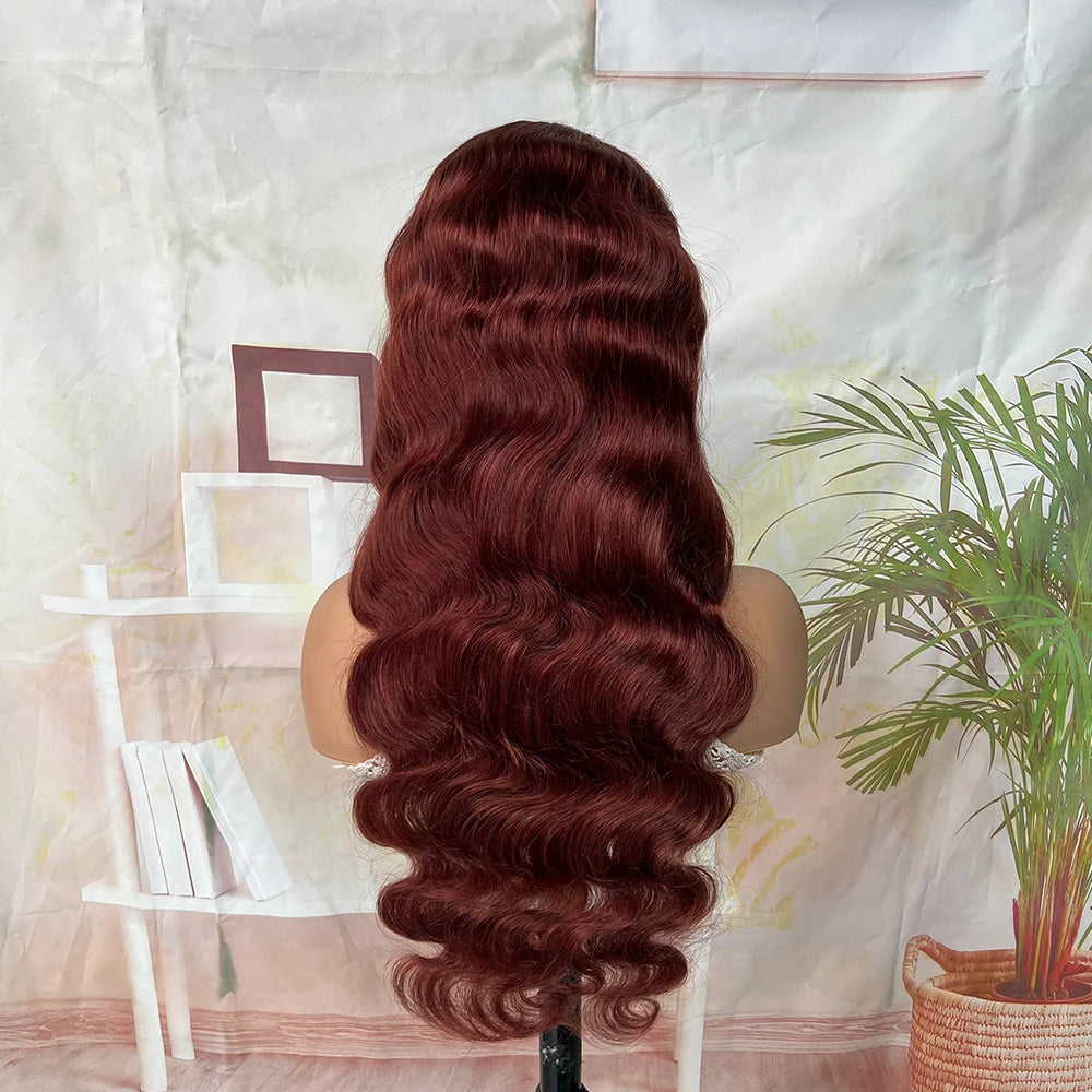 30 Inch #33 Reddish Brown Body Wave Lace Front Wig 220% Density, 13x4 HD Transparent Lace Indian Remy Human Hair