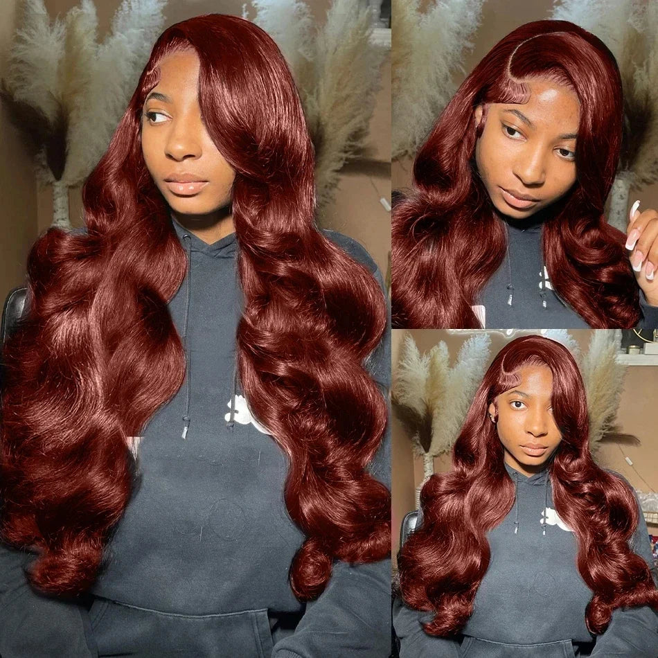 30 Inch #33 Reddish Brown Body Wave Lace Front Wig 220% Density, 13x4 HD Transparent Lace Indian Remy Human Hair