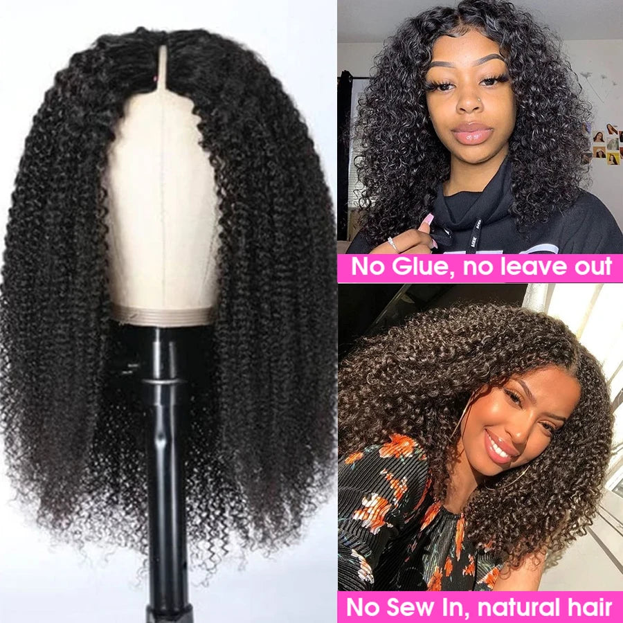 Afro Kinky Curly V Part Wig 30 Inch 250% Density Brazilian Remy Human Hair Glueless Deep Wave U Part Wig