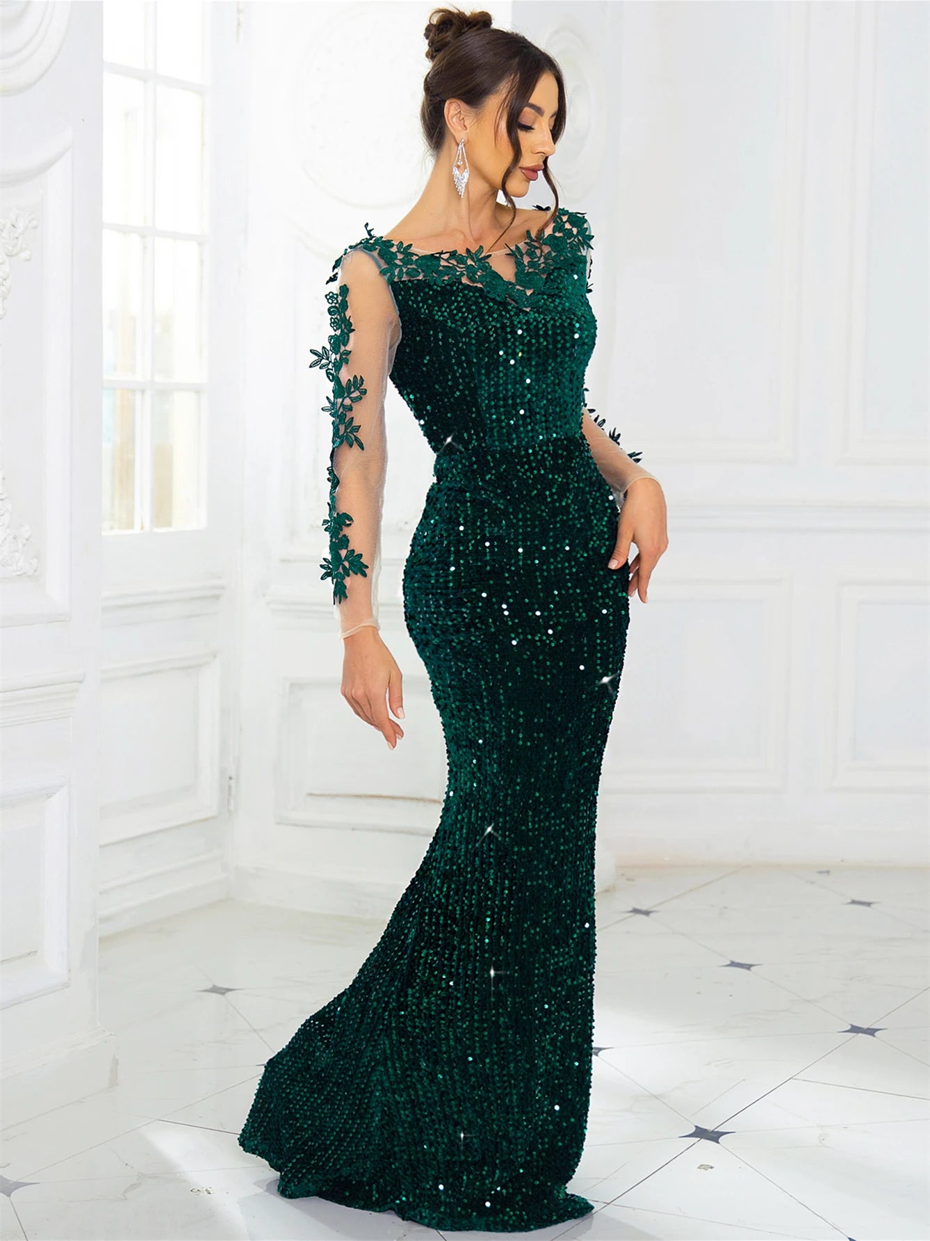 Women's Hollow Out Long Sleeve Lace Patchwork Sequined Velvet Evening Maxi Dress Floor-Length Prom Gown