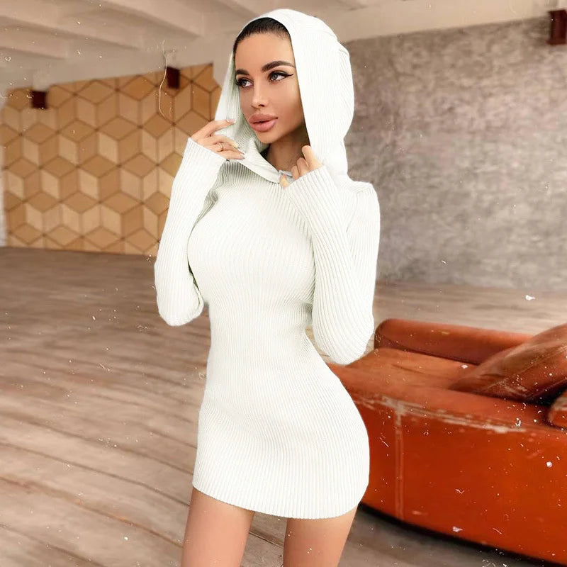 Women's Hooded Knit Bodycon Sweater Dress  Autumn/Winter Fashion Slim Fit Streetwear Mini Dress