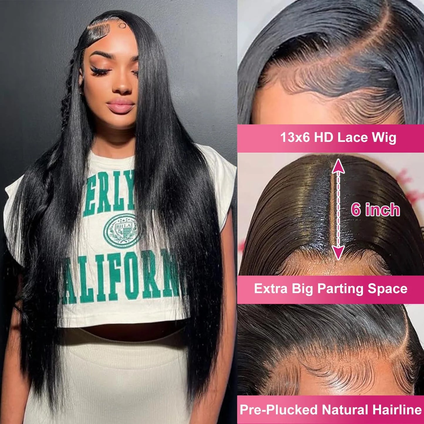 250% Density 13x6 HD Straight Lace Front Wig Glueless, Pre-Plucked 13x4 Transparent Lace Human Hair Wig 30-38 Inch