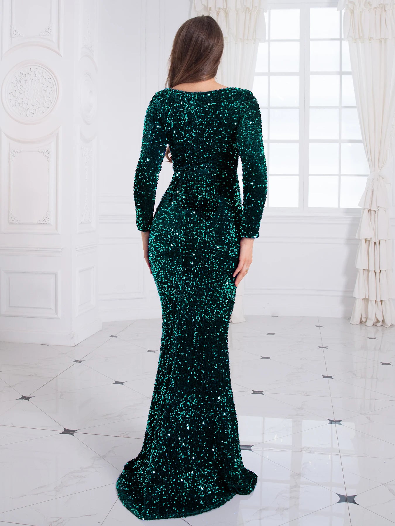 Stretch Sequin Full-Sleeved Bodycon Evening Maxi Dress Floor Length Party Gown in Red Gold & Green