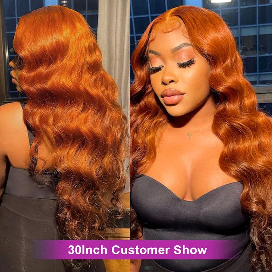 30-34 Inch Body Wave HD Lace Wig Orange Ginger, 13x6 Pre-Plucked Glueless Colored Human Hair Lace Front Wig for Women, 250% Density