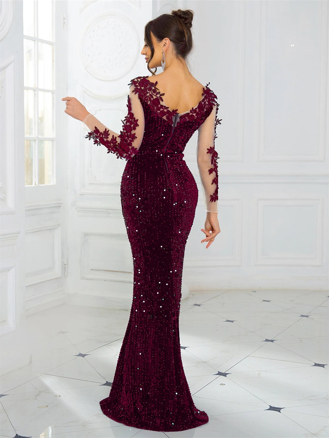 Women's Hollow Out Long Sleeve Lace Patchwork Sequined Velvet Evening Maxi Dress Floor-Length Prom Gown