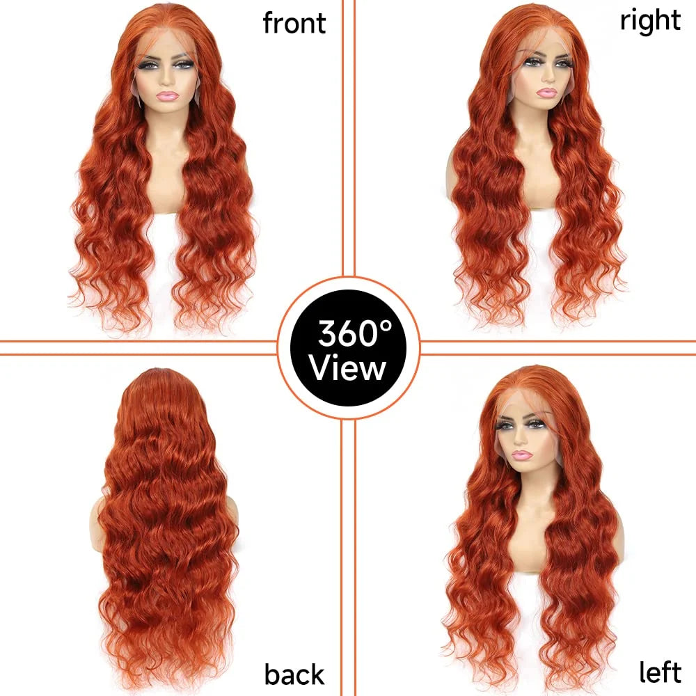 250% Density Body Wave HD Lace Wig in Orange Ginger 13x6 Pre-Plucked Glueless Lace Front Human Hair Wig 30-34 Inch