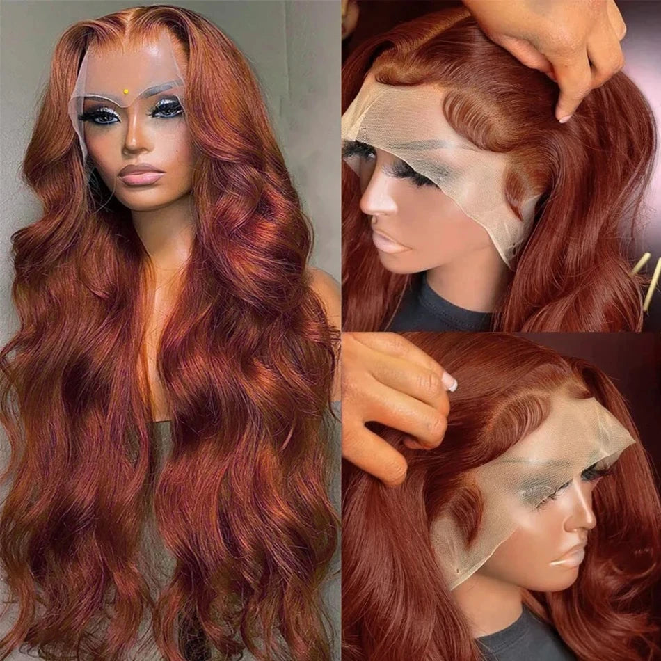 30 Inch #33 Reddish Brown Body Wave Lace Front Wig 220% Density, 13x4 HD Transparent Lace Indian Remy Human Hair