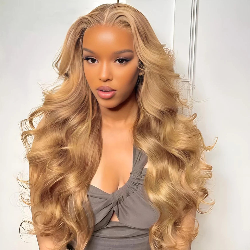 30-34 Inch #27 Honey Blonde Body Wave Lace Front Wig 100% Virgin Human Hair 13x6 HD Transparent Lace 220% Density