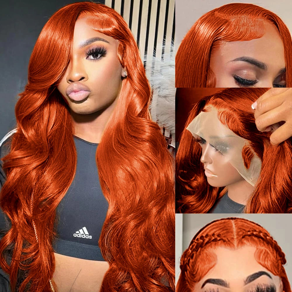 250% Density Body Wave HD Lace Wig in Orange Ginger 13x6 Pre-Plucked Glueless Lace Front Human Hair Wig 30-34 Inch