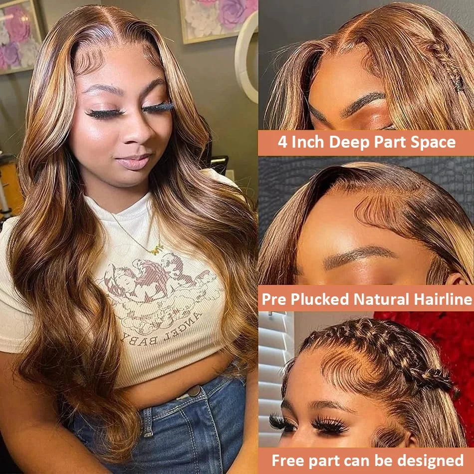 34-36 Inch Ombre Body Wave Lace Front Wig 13x4 & 13x6 200% Density Highlighted Brown Human Hair Wig