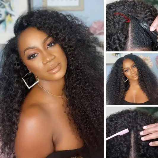 250% Density Kinky Curly V Part Human Hair Wig Glueless Brazilian Jerry Curl Deep Wave Wig No Leave Out