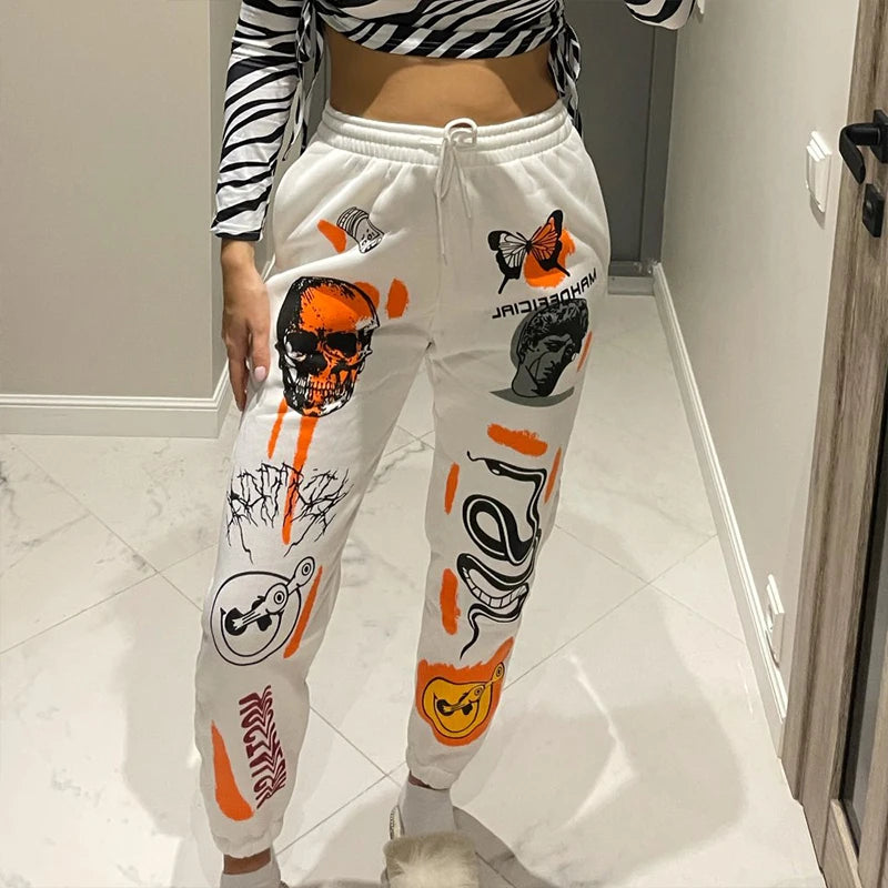 Women's High-Waist Skull Print Jogger Sweatpants – Casual Streetwear Hip Hop Pants for Winter