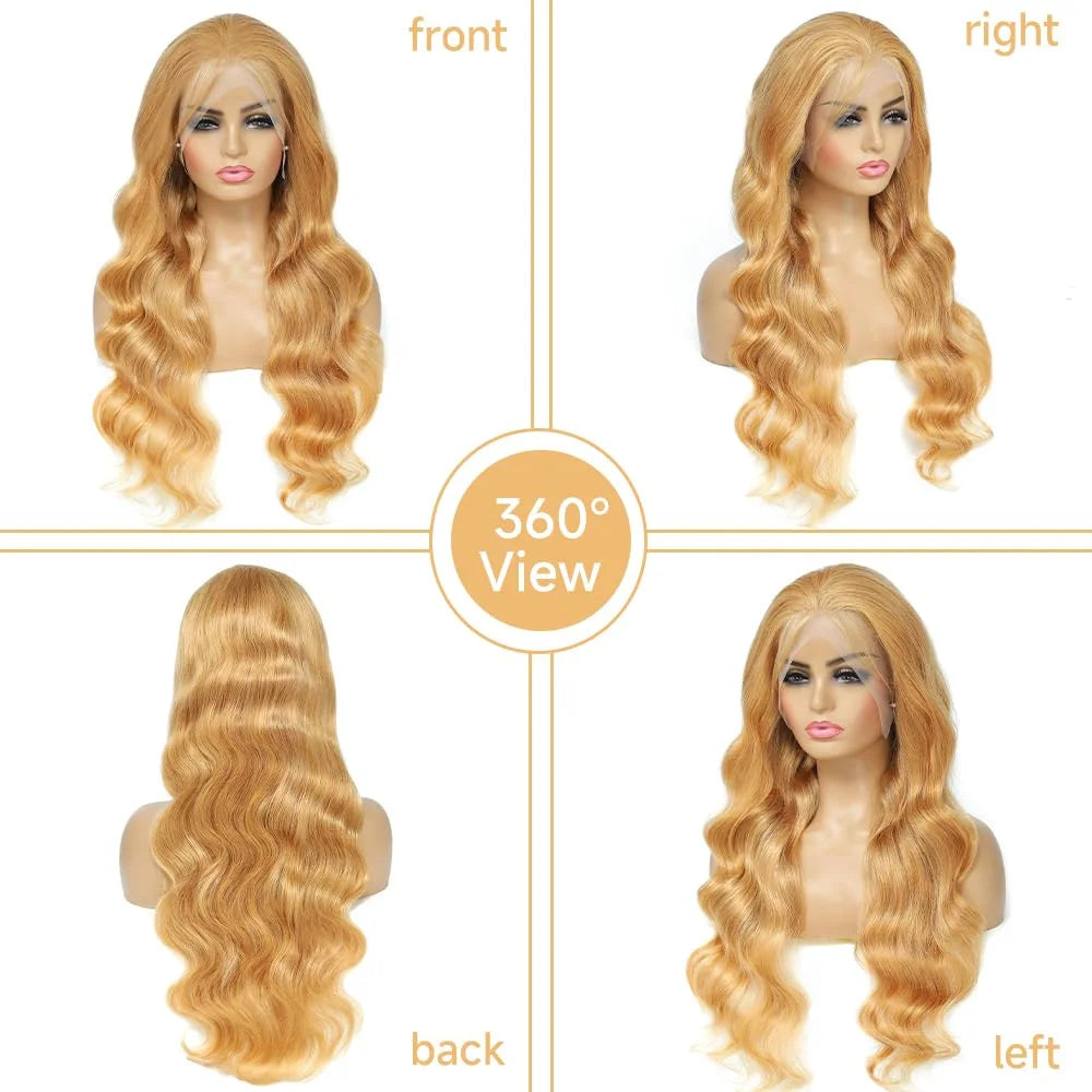 30-34 Inch #27 Honey Blonde Body Wave Lace Front Wig 100% Virgin Human Hair 13x6 HD Transparent Lace 220% Density