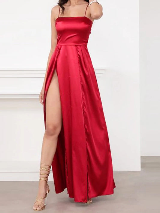 Sexy Long Satin Strapless Maxi Dress Backless Bow Straps Lace-Up Party Gown for Birthday & Graduation in Red & Green