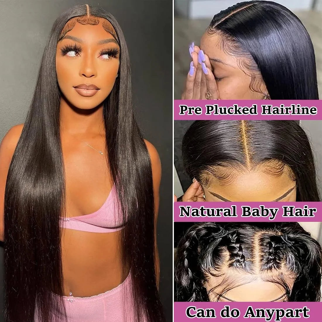 250% Density 13x6 HD Straight Lace Front Wig Glueless, Pre-Plucked 13x4 Transparent Lace Human Hair Wig 30-38 Inch