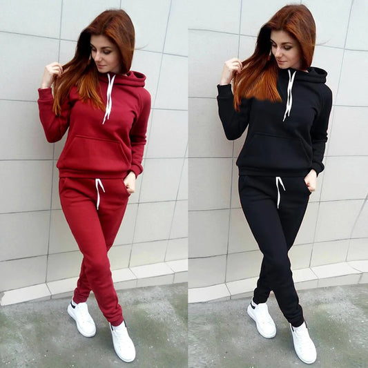 Autumn Women's 2-Piece Fleece Tracksuit Set Pullover Hoodie & Pants Sport Suit Warm Winter Sweatshirt Outfit