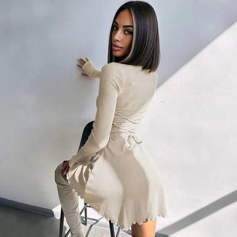 Autumn Winter 2024 Women’s Sexy Black V-Neck Mini Dress Elegant Long Sleeve Slim Fit Short Dress