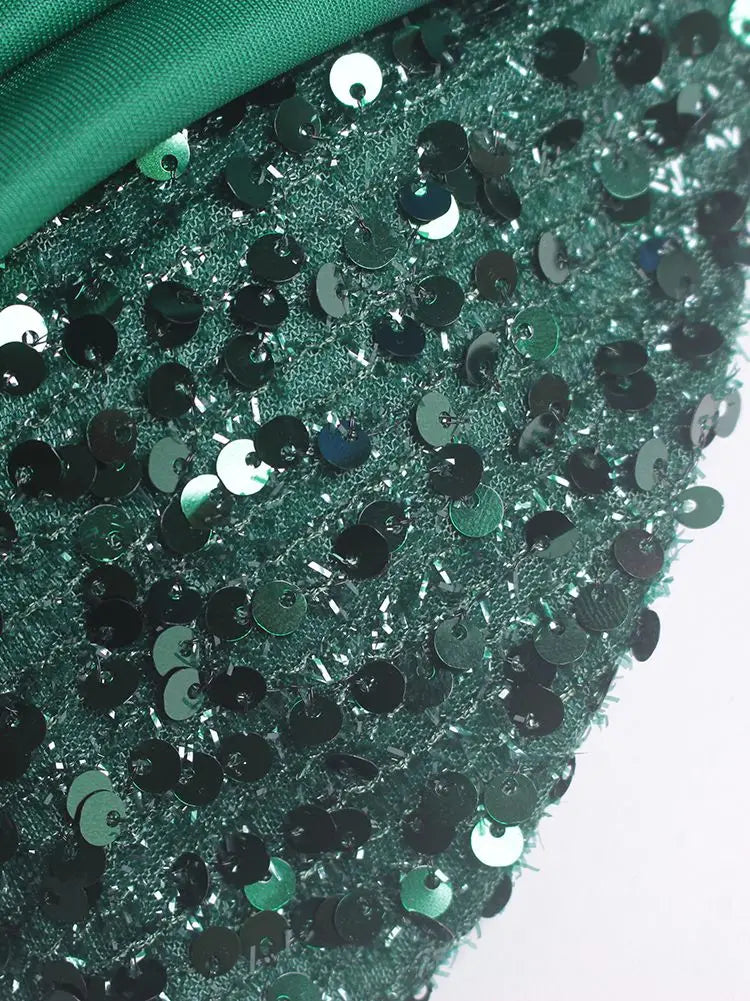 Green Sparkle Sequin Patchwork Floor Length Evening Party Dress Backless Sleeveless Ruched Front Slit Prom Gown