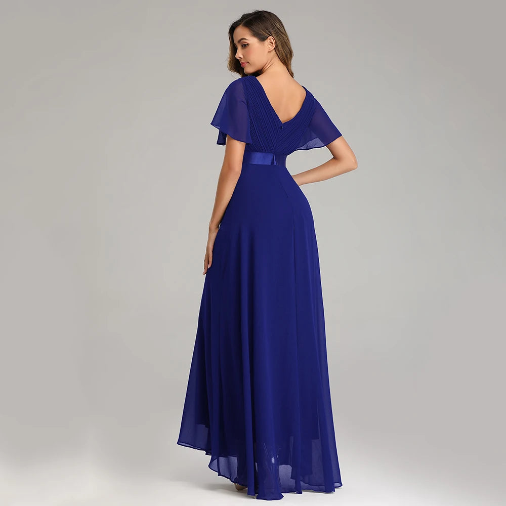 Elegant V-Neck Ruffles Chiffon Formal Evening Gown Robe Vestidos De Fiesta Dress for Wedding Party