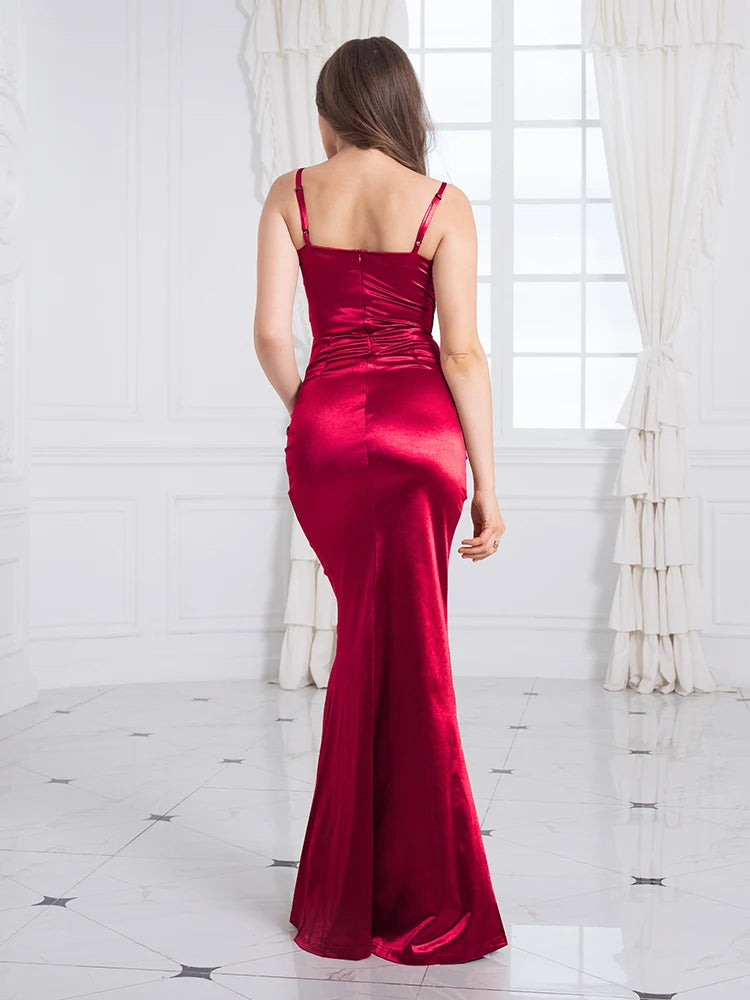 Sexy V-Neck Sleeveless Satin Maxi Dress Ruched Bodycon Gown with Front Slit & Backless Design