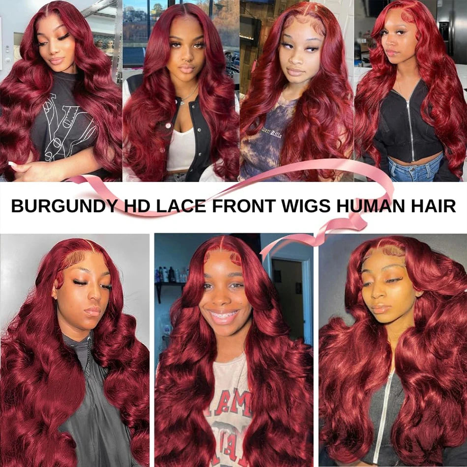 250% Burgundy 99J Body Wave 13x6 Hd Lace Frontal Human Hair Wig Transparent Lace Front Wigs For Women Brazilian Red Colored Wig