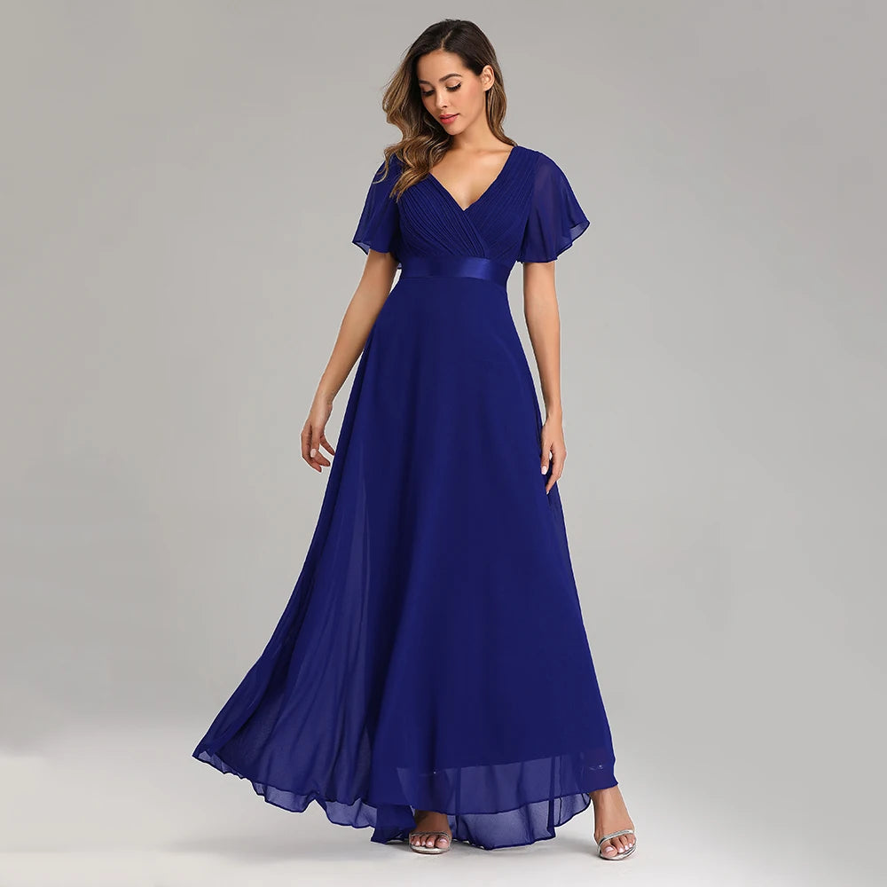 Elegant V-Neck Ruffles Chiffon Formal Evening Gown Robe Vestidos De Fiesta Dress for Wedding Party