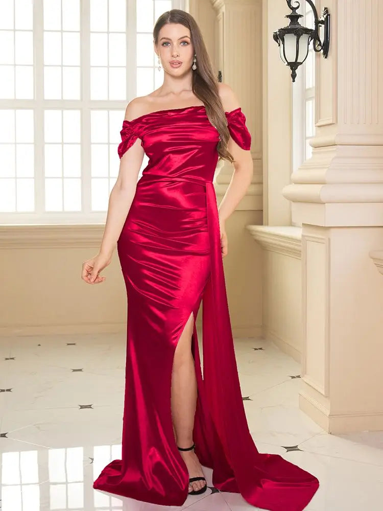 Women's Off-Shoulder Ruched Stretch Satin Bridesmaids Dress Front Split Floor-Length Bodycon Formal Evening Gown