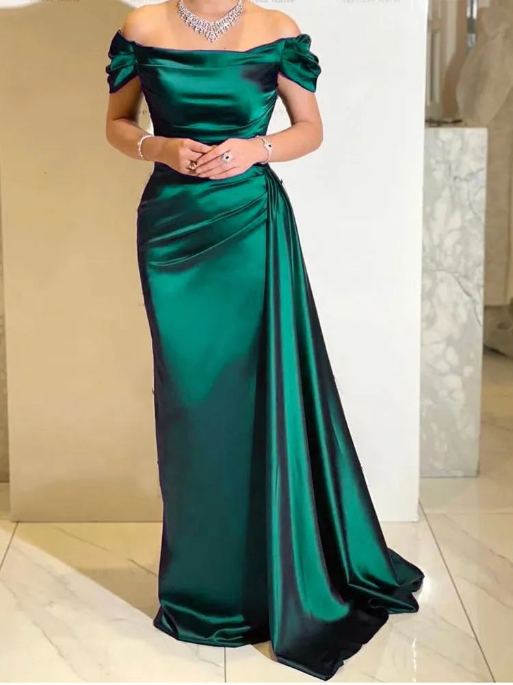 Women's Off-Shoulder Ruched Stretch Satin Bridesmaids Dress Front Split Floor-Length Bodycon Formal Evening Gown