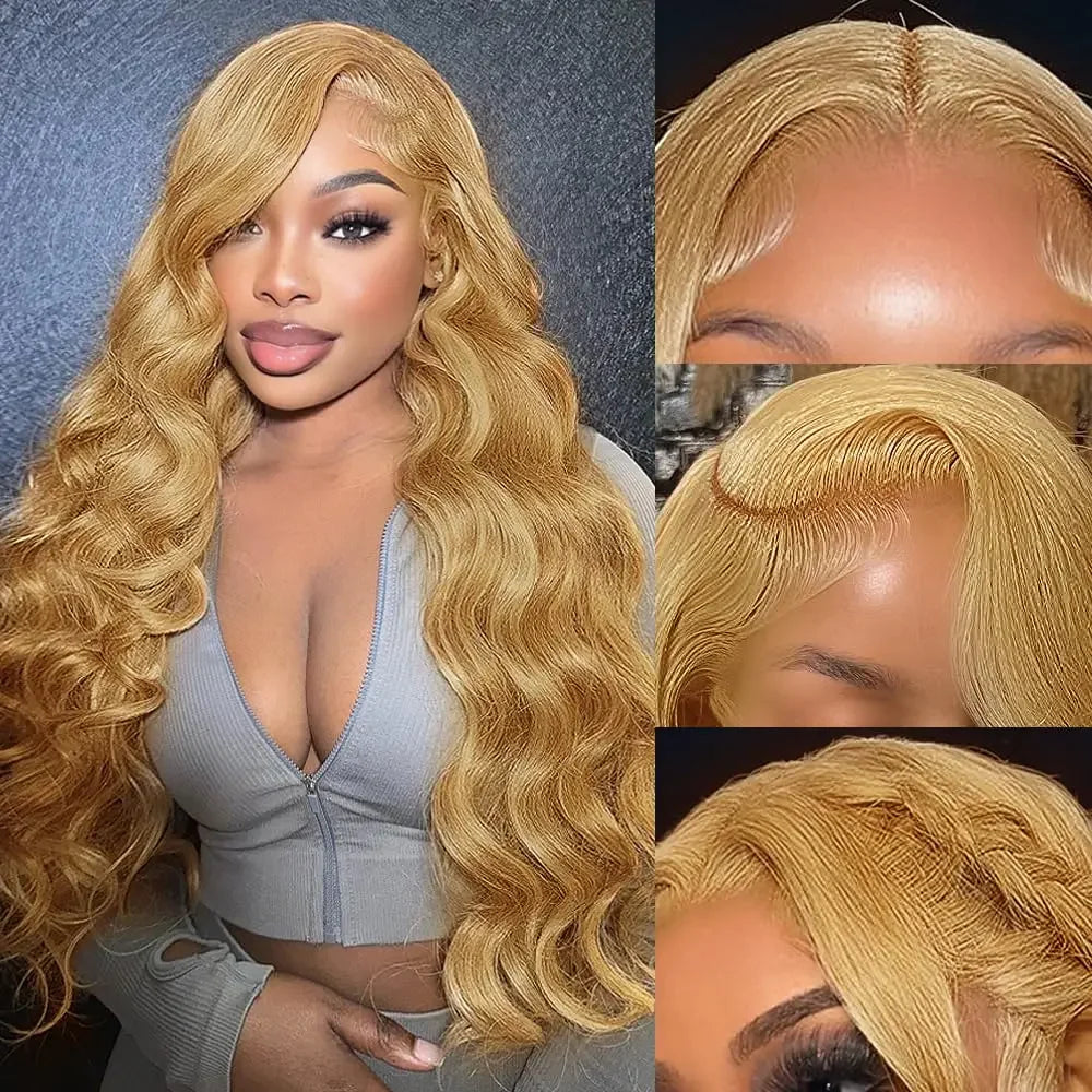 30-34 Inch #27 Honey Blonde Body Wave Lace Front Wig 100% Virgin Brazilian Human Hair, 13x6 HD Transparent Lace 220% Density