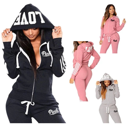 Women's Zip-Up Sweatshirt Set Casual 2-Piece Jogging Outfit, High-Quality Pants/Trousers & Hoodie for Spring/Autumn