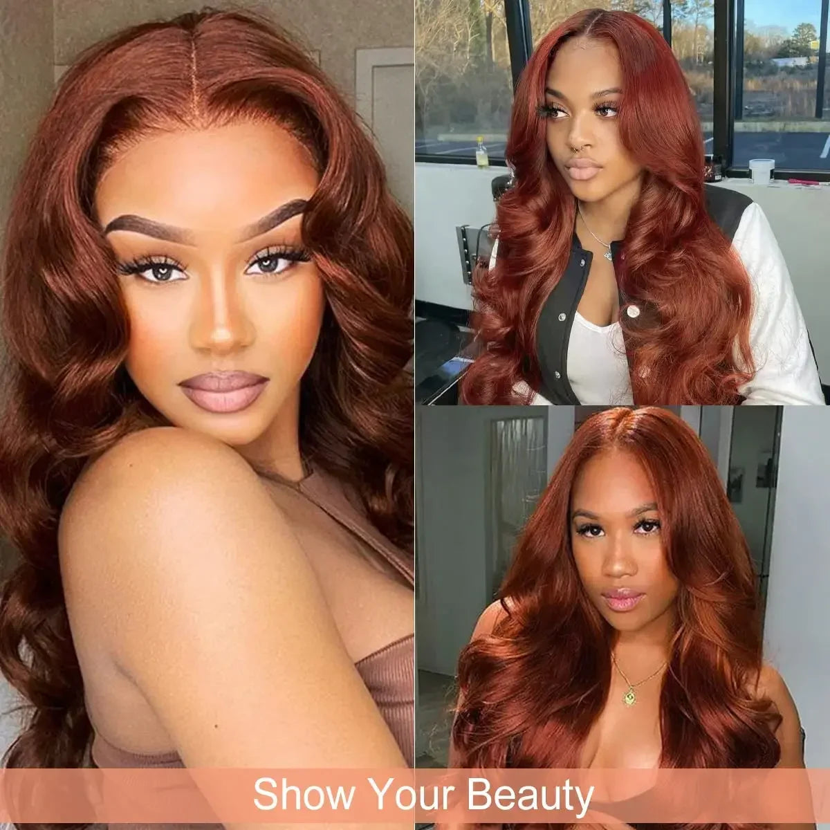 30 Inch #33 Reddish Brown Body Wave Lace Front Wig 220% Density, 13x4 HD Transparent Lace Indian Remy Human Hair