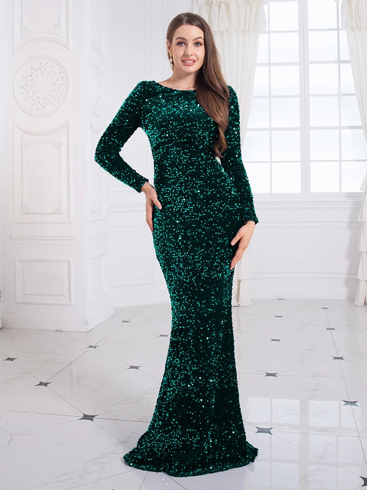 Full Sleeve Stretch Sequin Bodycon Mermaid Evening Dress Floor Length Party Gown Black Green Royal Blue