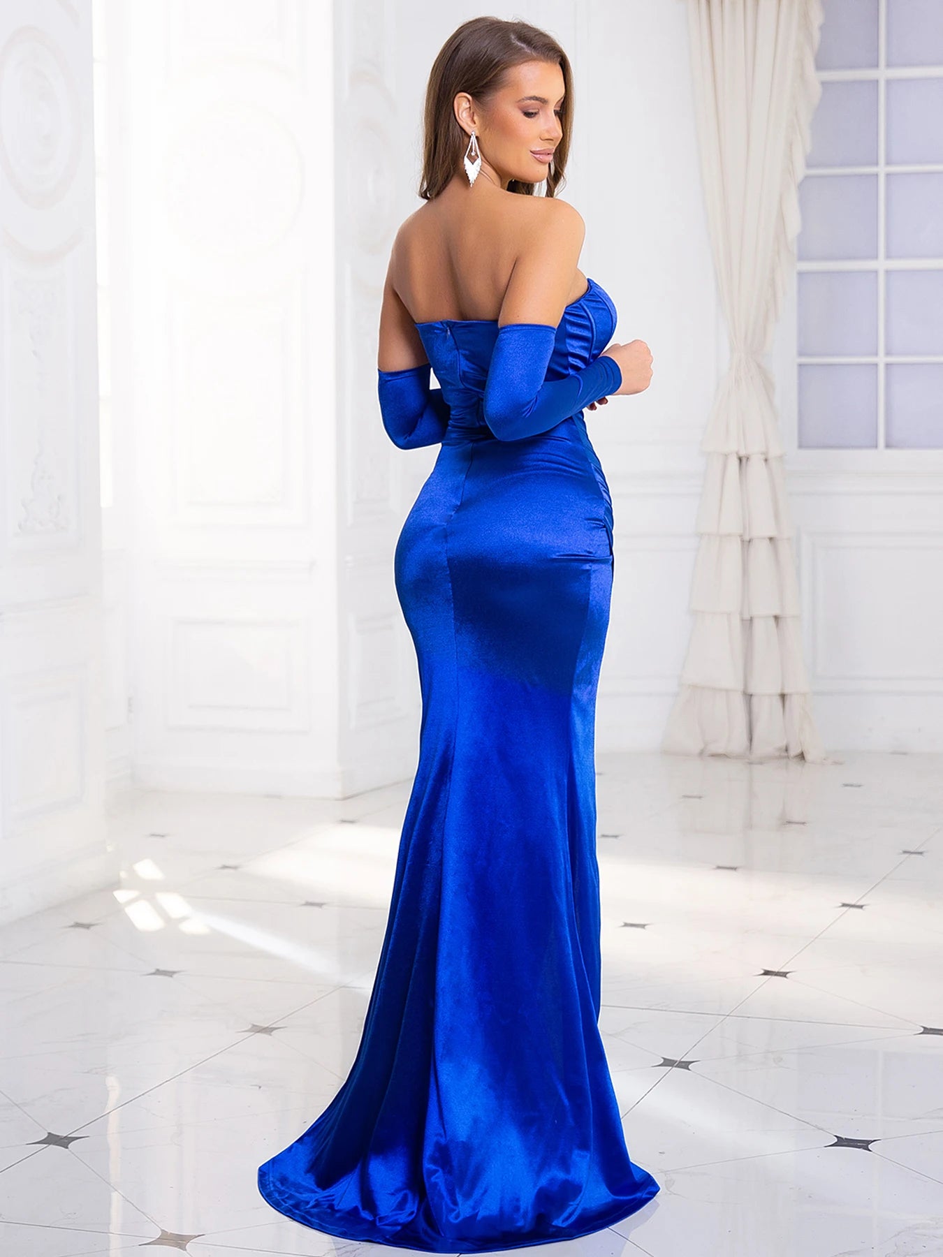 Women's Sexy Strapless Satin Prom Dress with Gloves Ruched Boning Backless Evening Party Bridesmaid Gown