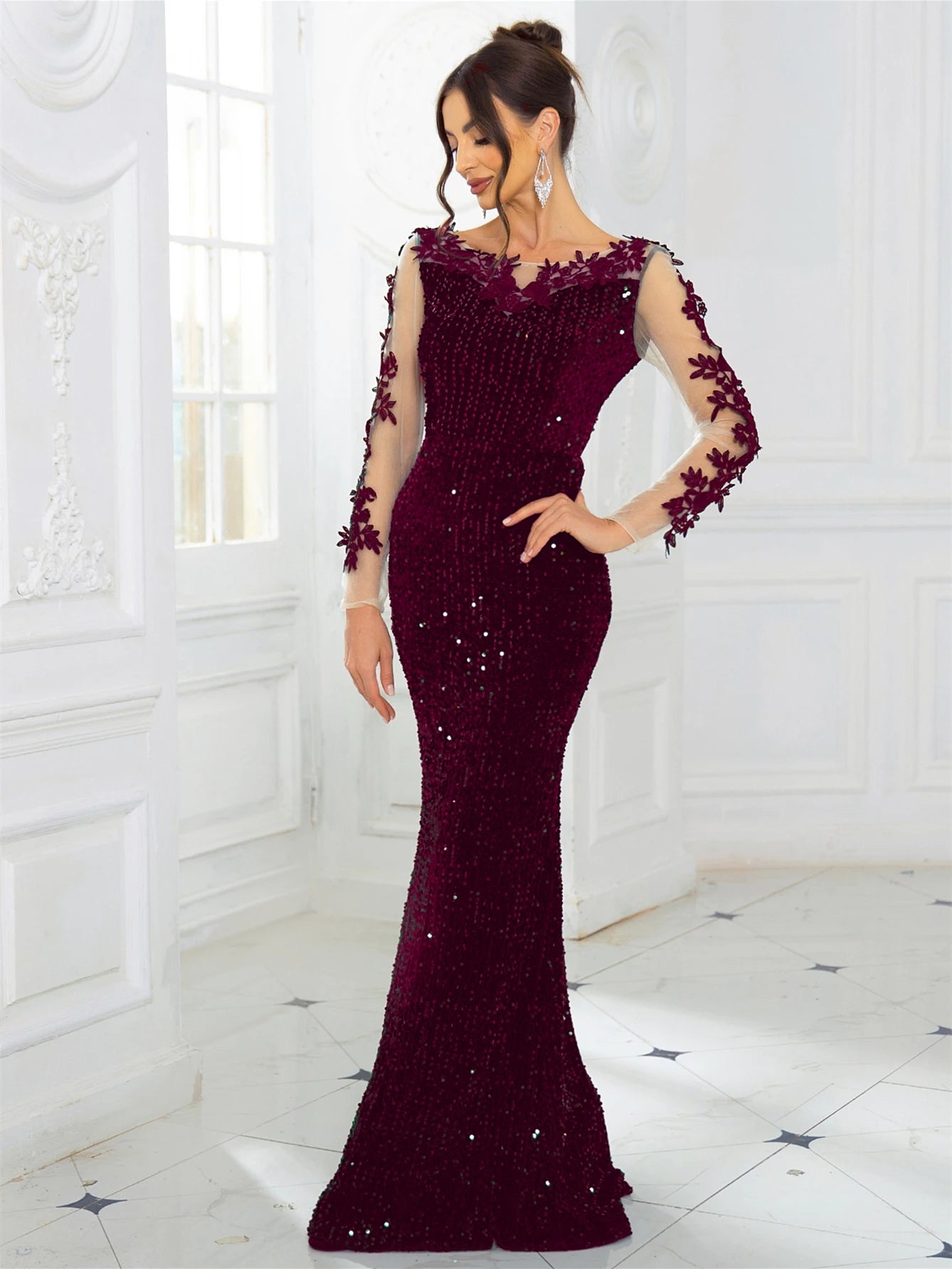 Women's Hollow Out Long Sleeve Lace Patchwork Sequined Velvet Evening Maxi Dress Floor-Length Prom Gown